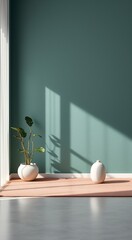Minimalist interior with a plant, white vase, and a peach rug.