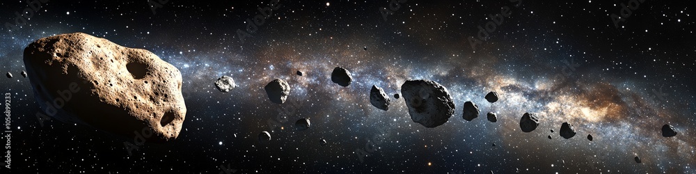 Poster a large rock is flying through space and is surrounded by many smaller rocks. concept of chaos and d