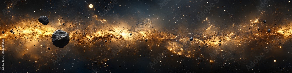 Aufkleber a black and yellow image of a galaxy with a large number of stars and a few large rocks