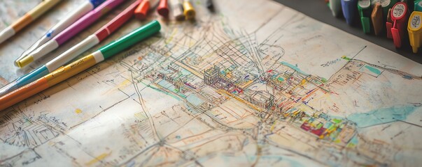Naklejka premium Detailed map with colorful pens showcasing urban planning and design elements, highlighting city layout and architecture concepts.