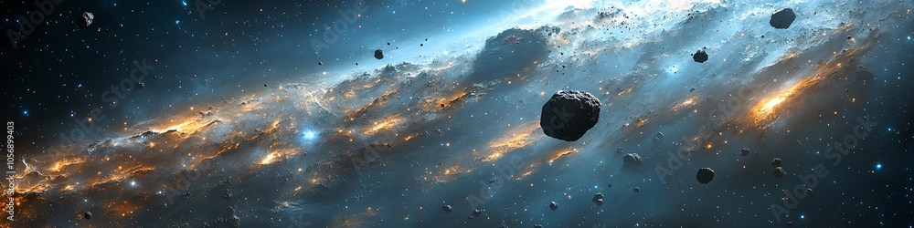 Poster a space scene with a large number of rocks and a comet. the comet is in the middle of the image and 