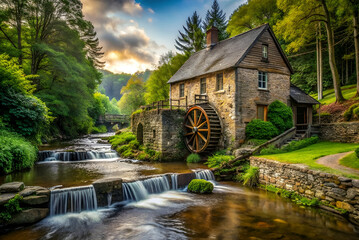 A picturesque scene featuring a historic watermill beside a tranquil river, surrounded by lush greenery and gentle waterfalls under a vibrant sky.