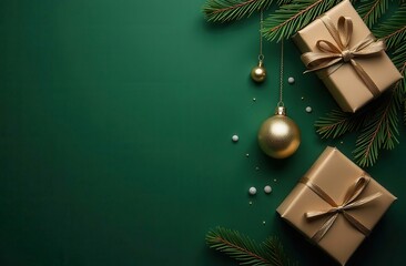 Christmas or New Year green background with fir branches, golden balls and gift boxes. Flat lay, top view.
