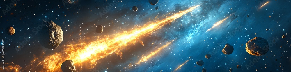 Poster a space scene with a comet shooting through the sky and a bunch of rocks falling from the sky