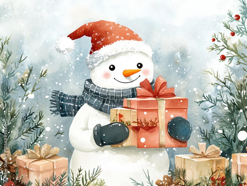 Poster a snowman is holding a red box with a bow on it. the snowman is wearing a red hat and a blue scarf. 