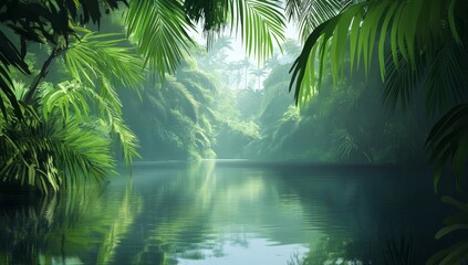 Naklejka premium Serene Jungle River Scene