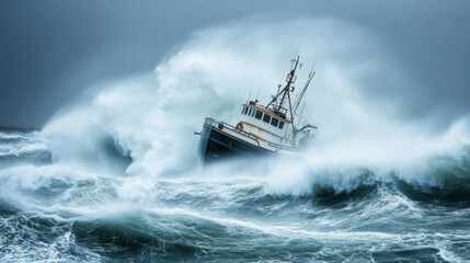 Naklejka premium A fishing vessel braves a stormy sea