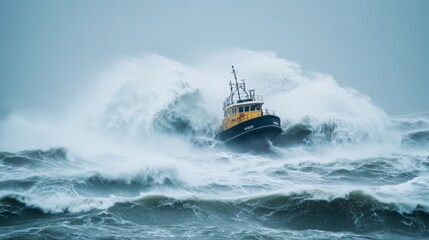 A Small Ship Battles Powerful Waves in a Rough Sea