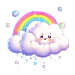 A cute cartoon cloud blowing bubbles that float up to meet a vibrant rainbow on a white background.