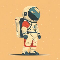 A cartoon astronaut is standing on a yellow background. The astronaut is wearing a red and white suit and has a backpack on his back. The image has a playful and whimsical mood