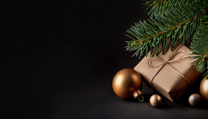 Fotorealistische Illustration, Weihnachtskugeln, Tannenzweige, Geschenkpäckchen mit braunem Packpapier verpackt in der rechten unteren Ecke