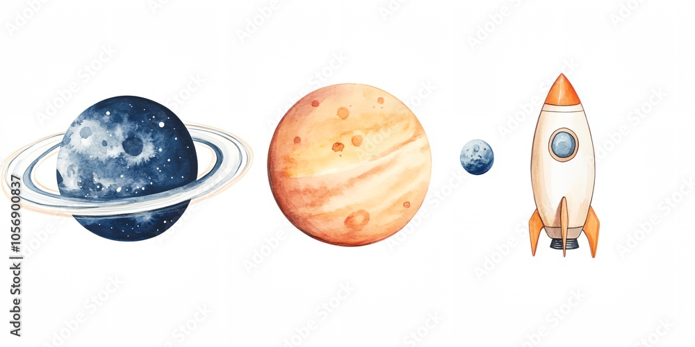Canvas Prints a painting of a rocket, a planet and a moon. the rocket is in the middle and the planet and moon are