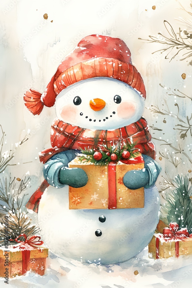 Aufkleber a snowman is holding a box with a red ribbon on it. the snowman is wearing a red hat and a red scarf