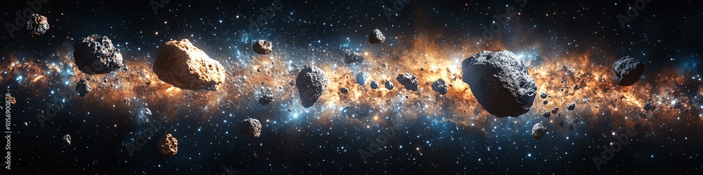 Poster a space scene with a large number of rocks and debris. the rocks are scattered throughout the image,