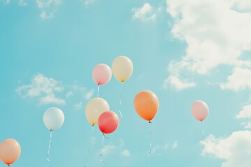 Colorful balloons float against a bright blue sky with fluffy clouds, creating a joyful, whimsical atmosphere perfect for celebrations.