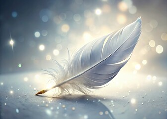 Fototapeta premium 3D Floating Holographic White Feather Quill Writing Positive Scripts in Air - Captivating Tilt-Shift Photography of Inspiring Narratives Against a White Background