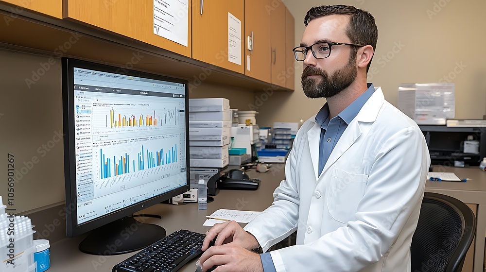 Poster healthcare professional analyzing patient data on computer with graphs and charts in medical office 