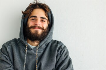 Fototapeta premium A person wearing a hoodie and a beard, great for use in portraits or scenes of everyday life