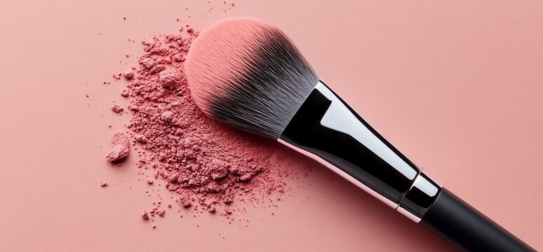 Makeup brush with pink powder on a pink background.