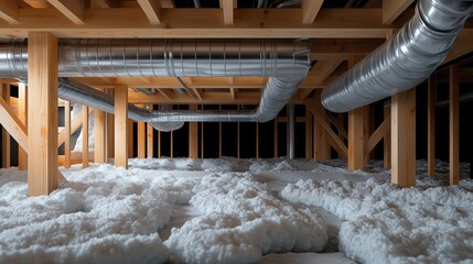 Wooden attic framework with exposed metal ductwork and spray foam insulation on the floor. The space is well-organized with shiny ducts and wooden beams.