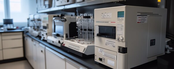 Modern laboratory equipment on a clean bench, featuring advanced analytical devices for scientific research and experimentation.