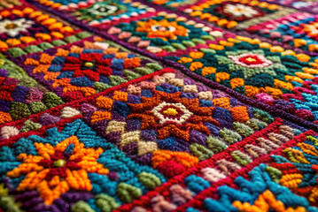 A vibrant, intricately patterned textile featuring colorful geometric designs and floral motifs.