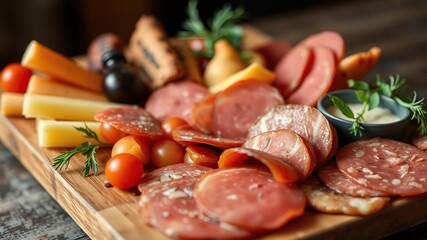 Sliced salami arranged neatly on a tray, ready to be served, snack, charcuterie, savory