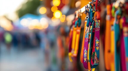 Vibrant festival market scene with colorful handmade keychains in focus. Blurred background provides a lively, bustling atmosphere.