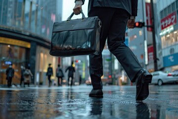 Fototapeta premium A business professional walking down the street with a briefcase, suitable for use in a variety of office or urban settings