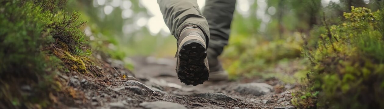 Close-up of a hiker's boots trekking on a forest trail. Capturing the essence of adventure and exploration in nature's beauty.