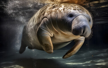 Fototapeta premium A cute sea lion swims, showing off its grey fur amidst a beautiful ocean view.