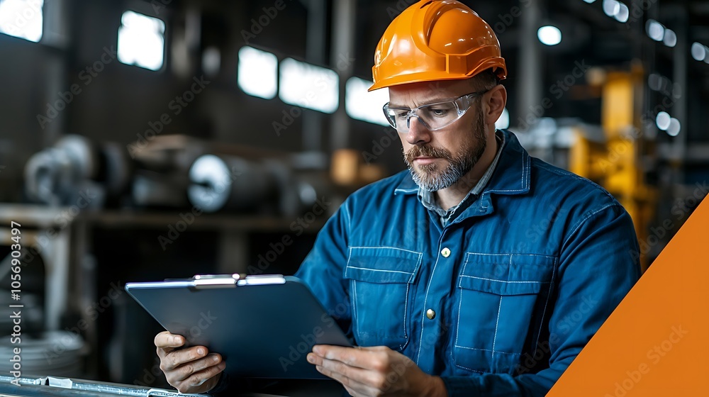 Poster safety and efficiency in industrial operations a close-up on a worker reviewing critical data in a m