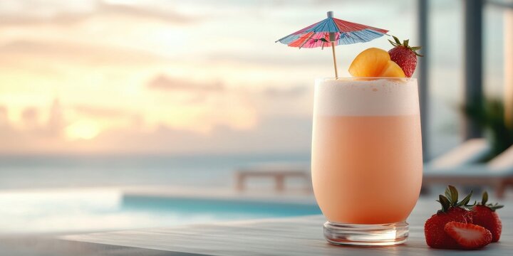 Tropical cocktail with colorful umbrella and fruit by the beach for summer vacation