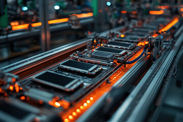 A close-up view of a modern assembly line featuring circuit boards moving on a conveyor, illuminated by soft orange lights.