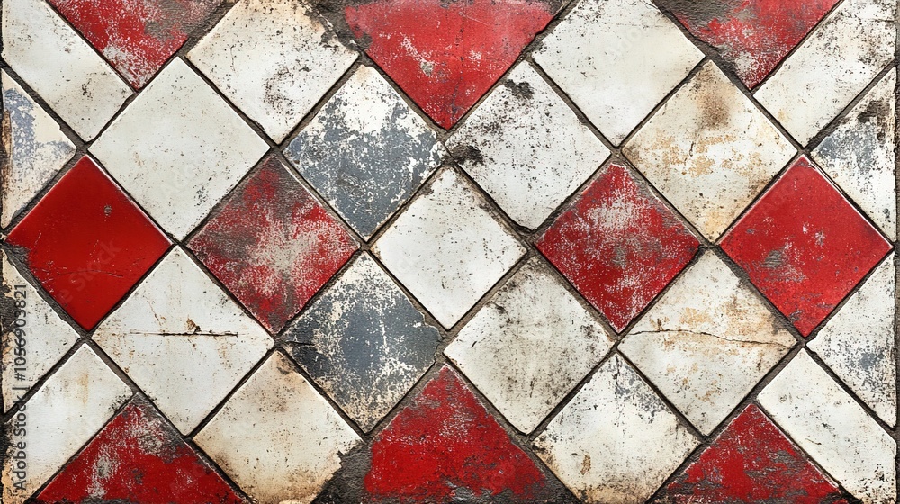 Poster grunge textured diamond tile pattern with red and white colors