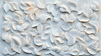 Decorative white 3D leaf pattern on textured wall surface illuminated by soft lighting with shadows enhancing the intricate design