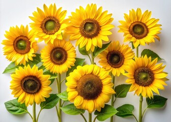 Obraz premium Aerial View of Bright Sunflowers Isolated on White Background - Vibrant Yellow Blooms and Green Stems for Stunning Floral Photography