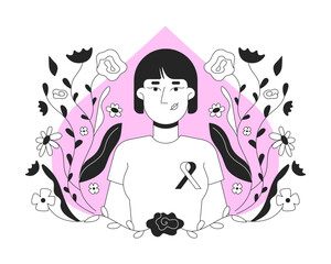 Asian woman promoting breast cancer awareness black and white 2D illustration concept. Mammogram campaign. Korean female wearing pink ribbon outline character isolated. Metaphor monochrome vector art
