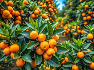Aerial View of Kumquat Harvest in Lush Garden - Organic Healthy Non-GMO Fruits, Agribusiness Concept, Fresh Produce, Vibrant Colors, Nature's Bounty, Copyspace for Banner Use