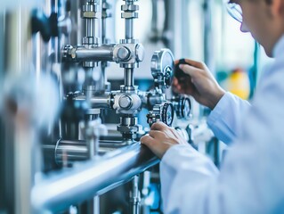 Engineer calibrating industrial equipment in a factory setting, ensuring precision and efficiency in technical processes.