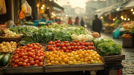 Obraz premium Fresh vegetables are displayed in vibrant colors at an open-air market. Shoppers wander through stalls, enjoying the atmosphere during the late afternoon