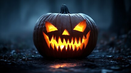 Glowing Jack-O-Lantern Halloween pumpkin in dark spooky atmosphere