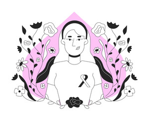 White woman promoting breast cancer awareness black and white 2D illustration concept. Mammogram campaign. Caucasian female with pink ribbon outline character isolated. Metaphor monochrome vector art