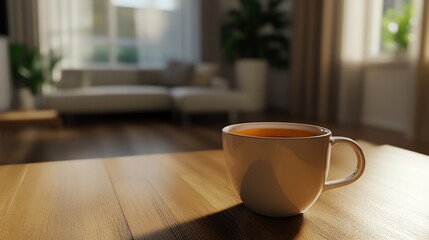 Fototapeta premium A serene morning scene with a warm coffee mug on a wooden table, bathed in soft natural light from a nearby window, in a cozy living room.