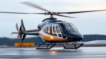 A sleek black and yellow helicopter with spinning rotors taking off from an airport tarmac, with a blurred background indicating motion.