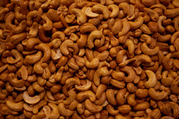 Roasted cashew nuts background, Close-up view of cashew nuts