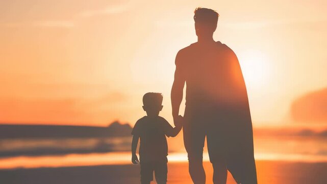 Silhouette of a father and son holding hands at sunset, symbolizing bonding, guidance, and family values in a warm, inspirational scene.