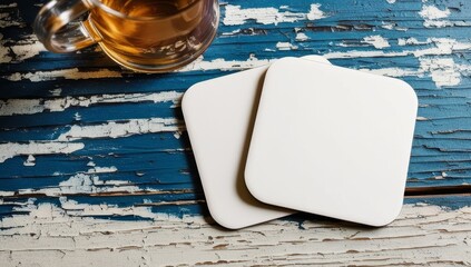 Two blank white square beer coasters on weathered wooden surface background. A clear glass mug of tea sits nearby. Copy space mock up