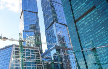 Fototapeta premium Construction cranes against the backdrop of high-rise buildings