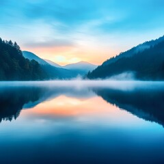 A serene landscape featuring a calm lake surrounded by misty mountains at sunrise, Perfect for nature-themed projects, travel brochures, or mindfulness content about tranquility and beauty,